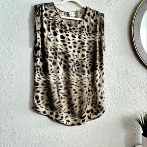 Reiss Liv Taupe And Black Animal Print Pop Over Rolled Sleeve Viscose Blouse Top